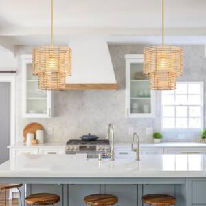 Dayereh 12 in. 1-Light Coastal Tiered Rattan Drum Pendant Light with Brass Canopy