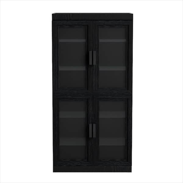 62 in. Tall Black Wood 4-Shelf Standard Bookcase with Adjustable Shelves, Glass Doors Storage