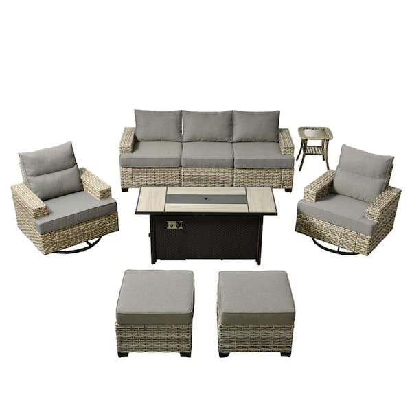 Opul 9-Piece Wicker Rectangular Fire Pit Sets and Swivel Rocking Chairs with Dark Grey Cushion