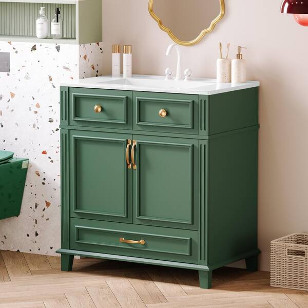 30 in. W Single Sink Freestanding Bath Vanity in Green with White Ceramic Top and Soft Closing Doors