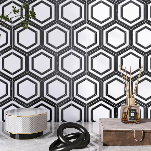 Interspace White and Black 10.63 in. x 12.01 in. Hexagon Polished Marble Mosaic Tile (8.9 sq. ft./Case)