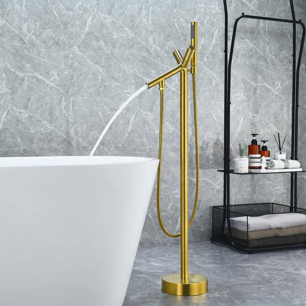Brushed Gold Stainless Steel Freestanding Tub Filler with Handshower