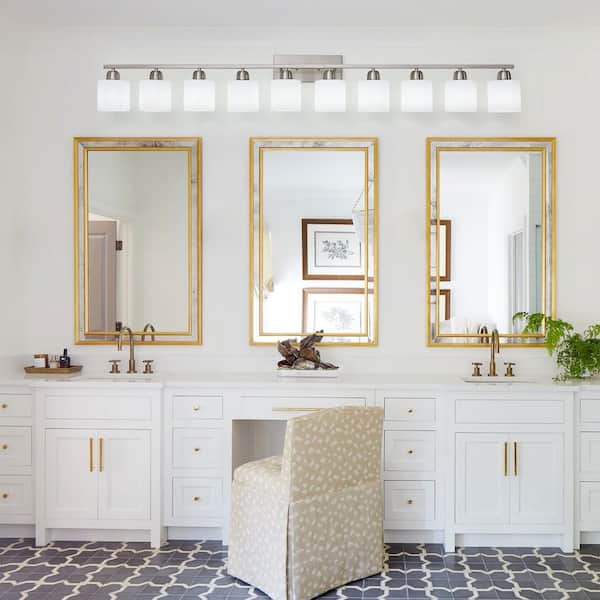 65 in. 10-Light Brushed Nickel Bathroom Vanity Light Fixture with Milky White Frosted Glass Shades, no bulbs included