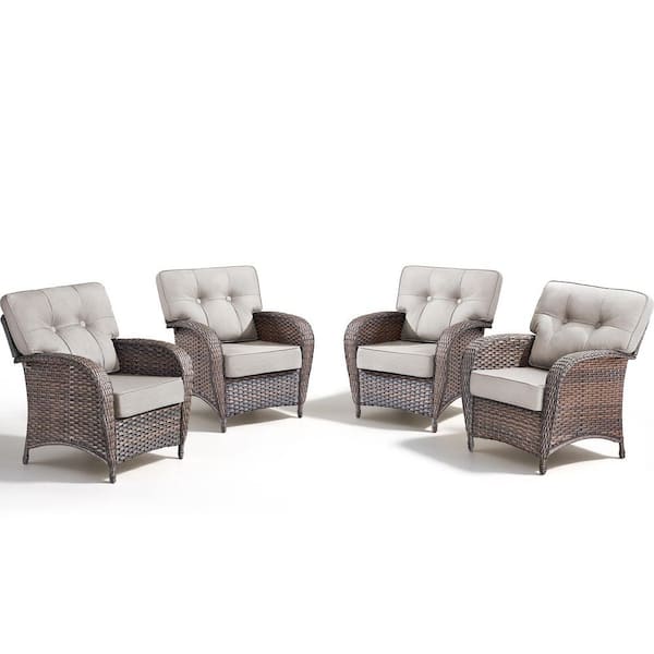 Brown Wicker Outdoor Patio Chair with Beige Cushions (4-Pack)