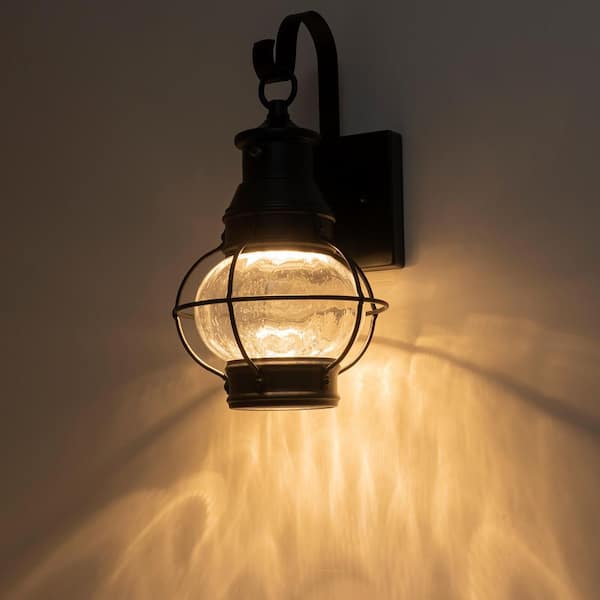 Acerbis 13.78 in. 1-Light Black Integrated LED Outdoor Wall Lantern Sconce with Caged Seeded Glass