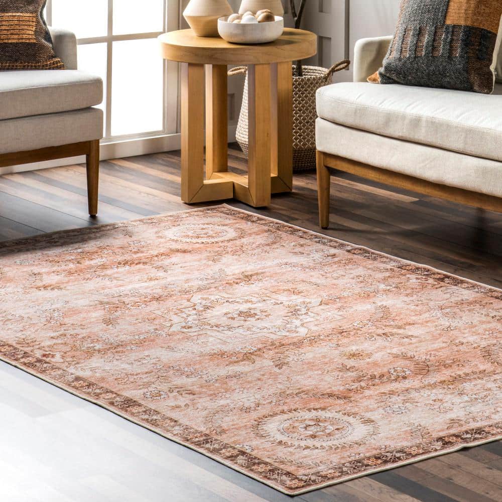 Kirsi Rust and Beige Synthetic Round Washable Area Rug