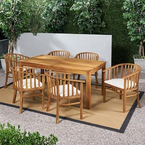 Alondra Teak Brown 7-Piece Wood Rectangular Outdoor Patio Dining Set with Cream Cushions