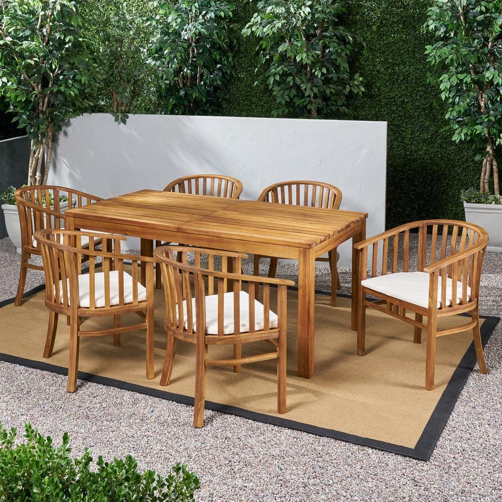 Acacia Wood Expandable Outdoor Dining Set with White Cushions