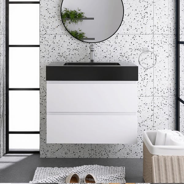 Staykiwi 30 in. W x 18 in. D x 25.2 in. H Single Sink Wall-Mounted Bath Vanity in White with Black Solid Surface Top
