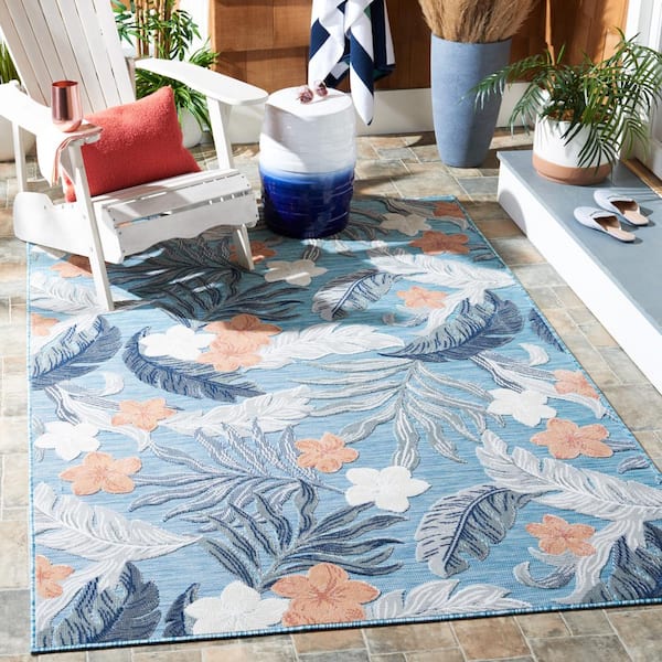 Cabana Blue/Gray 6 ft. x 6 ft. High-Low Leaf Floral Indoor/Outdoor Square Area Rug