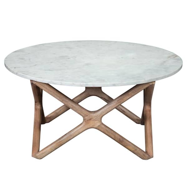 Wyman 36 in. White Round Marble Top Coffee Table and 2 End Tables