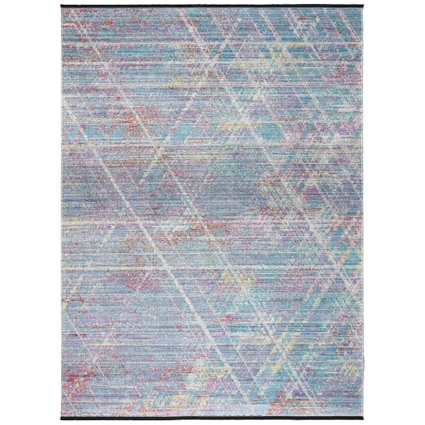 Windsor 5 ft. x 7 ft. Ivory/Aqua Distressed Geometric Area Rug