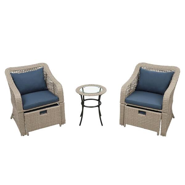 FORCLOVER 5-Piece Wicker Patio Conversation Set with Blue Cushions