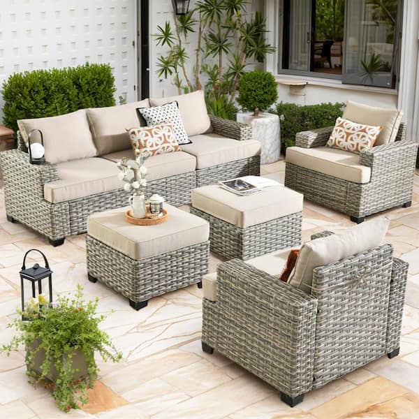 XIZZI Taylor 7-Piece Wicker Outdoor Patio Conversation Seating Set with Beige Cushions