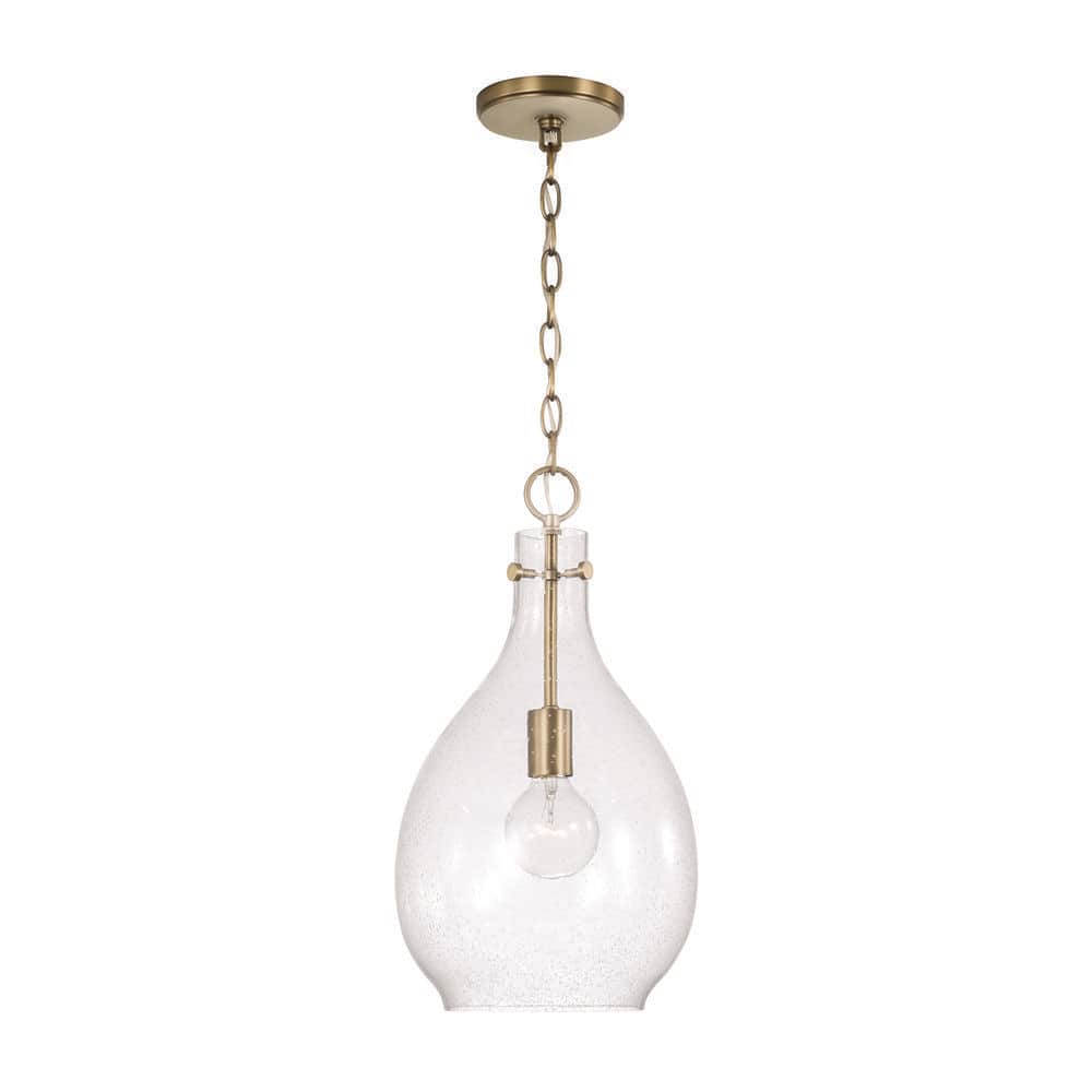 Aged Brass Teardrop Pendant Light with Seeded Glass Shade