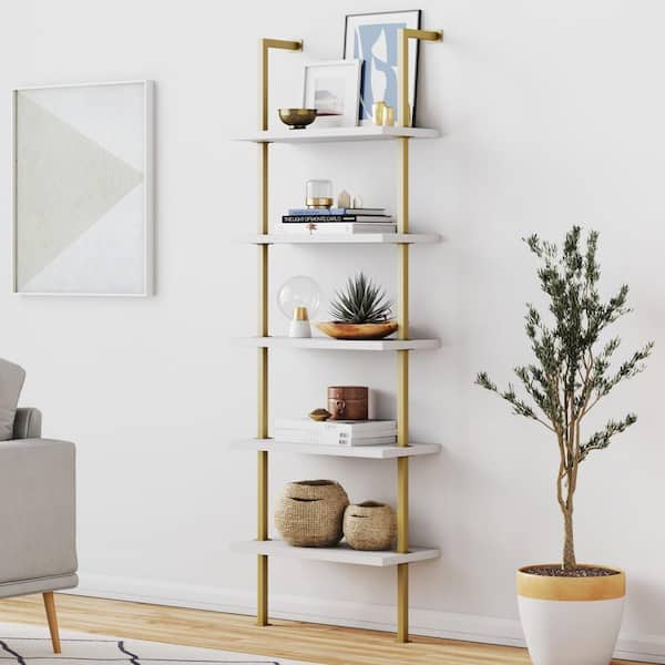 Nathan James Theo White 5 Shelf Ladder, Metal Ladder Bookcase With Drawer
