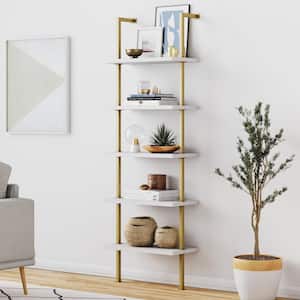 Theo White 5-Shelf Ladder Bookcase or Bookshelf with Gold Metal Frame