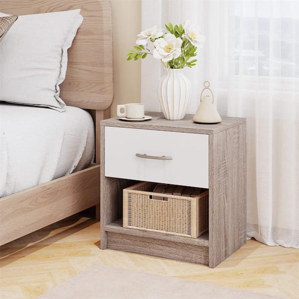 Light Gray 1-Drawer 15 in. Modern Nightstand Bedside Table with Drawer Open Storage Shelf for Small Spaces