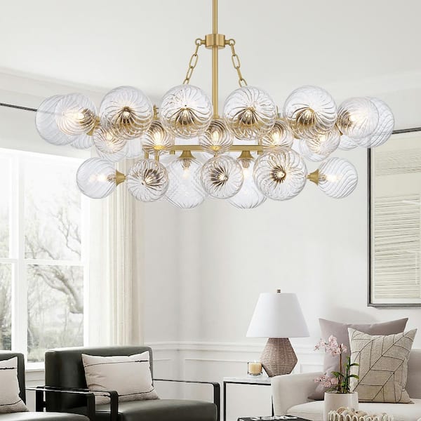 41 in. 12-Light Dimmable Clear Glass Globe Bubble Gold Chandelier for Dining Room