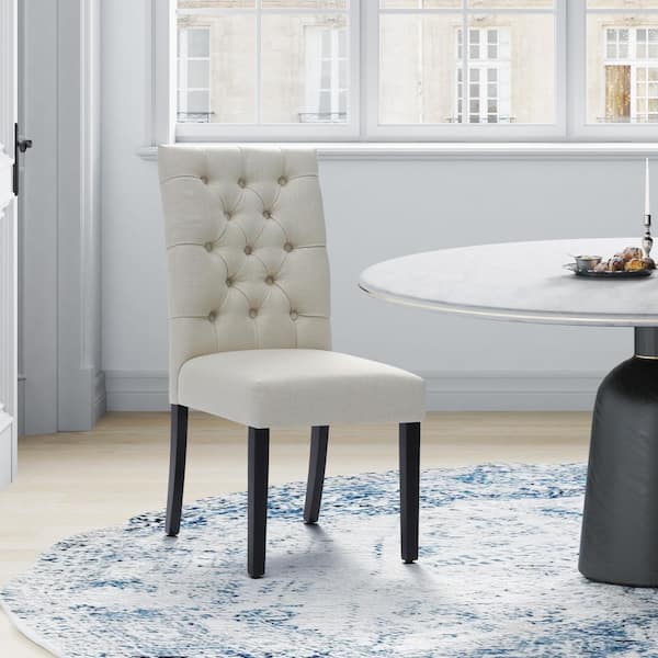 NINA Button Tufted Back Beige Linen Upholstered Dining Side Chair