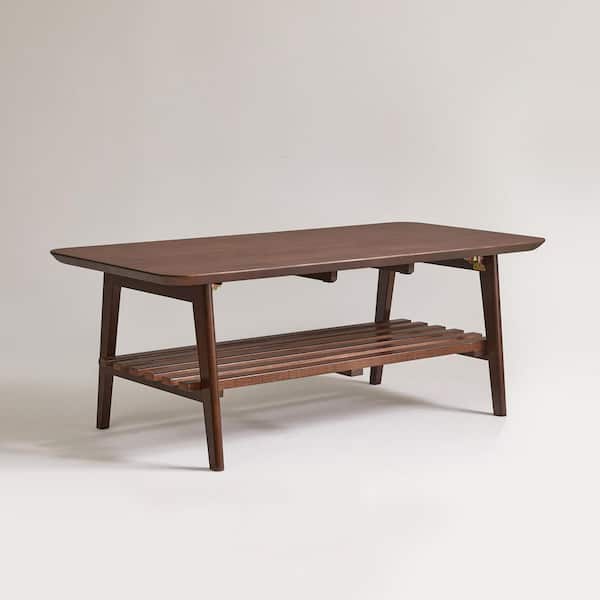 Breeze 47.24 in. Walnut Rectangle Rubber Wood Coffee Table with Storage Shelf