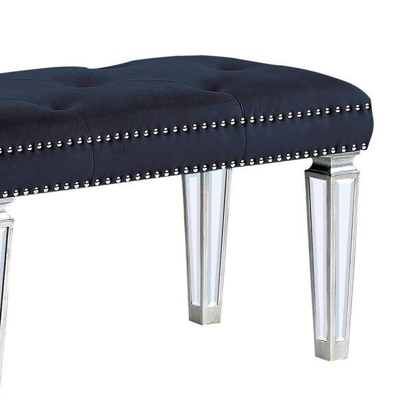 Varian Black Velvet and Mirrored Bench with Upholstered Seat 19 in. x 17 in. x 60 in