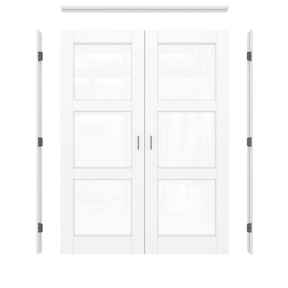 56 in. x 80 in. 3-Lite Clear Glass Universal White Solid Core Glass Double Prehung French Door+ Frame Set and Ball Catch price history on PriceWatchPro