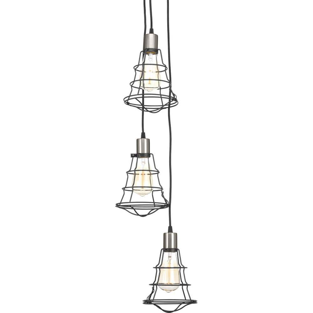 Graphite Black Industrial Three-Light Cage Chandelier