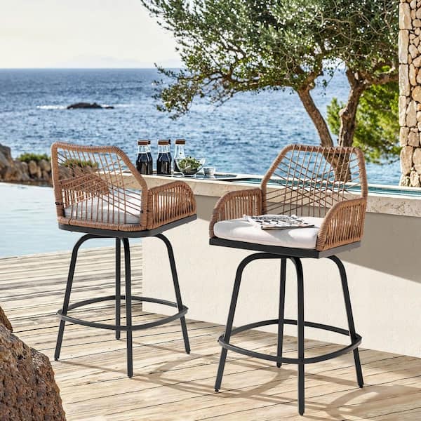 Swivel Rattan and Metal Outdoor Bar Stools with Beige Cushions (2-Pack)