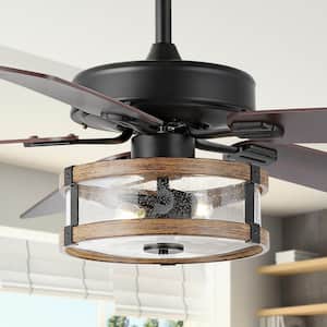 Joanna 52 in. 2-Light Black/Brown Rustic Industrial Iron/Wood/Seeded Glass Mobile-App/Remote LED Indoor Ceiling Fan