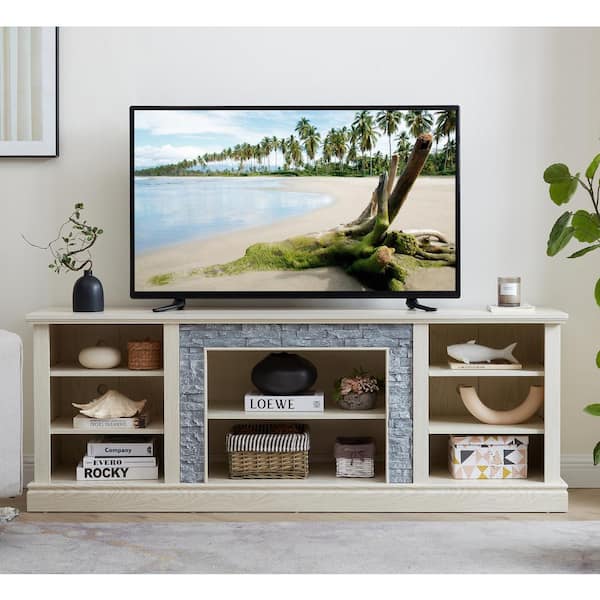 Magic Home 70.12 in. W x 15.35 in. D x 25.83 in. H, White Large TV Desk Storage Rack with Faux Stacked Stone Surround