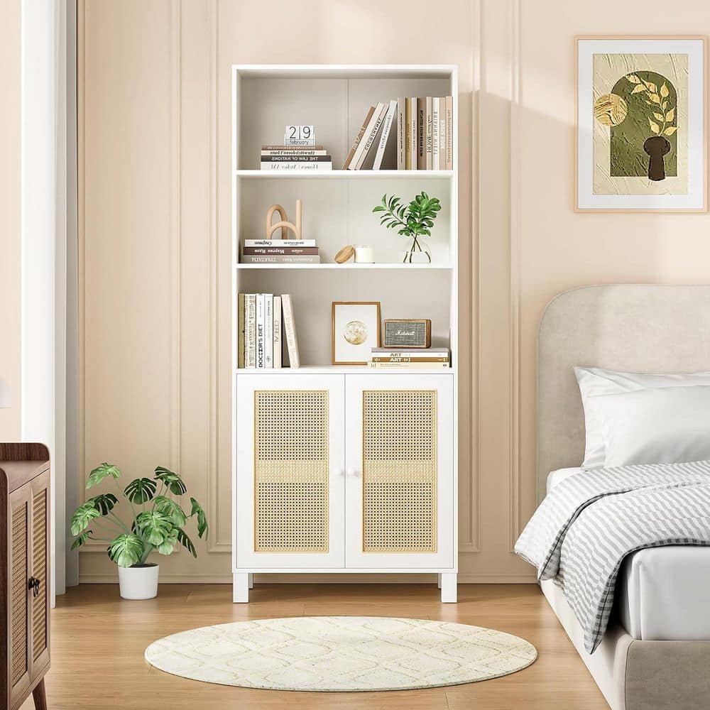 71 in. Tall White Wood 5 Shelf Standard Bookcase with Interior Shelves Storage