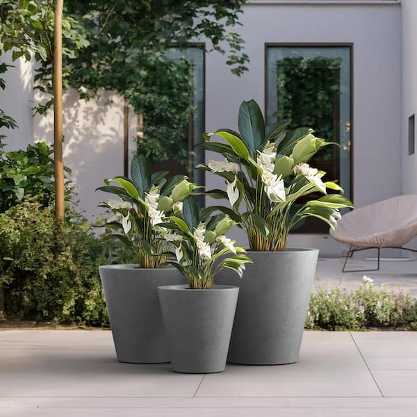 Sapcrete 12.5in., 15.5in., 18.5in. Dia Stone Finish Large Tall Round Concrete Plant Pot / Planter for Indoor & Outdoor Set of 3