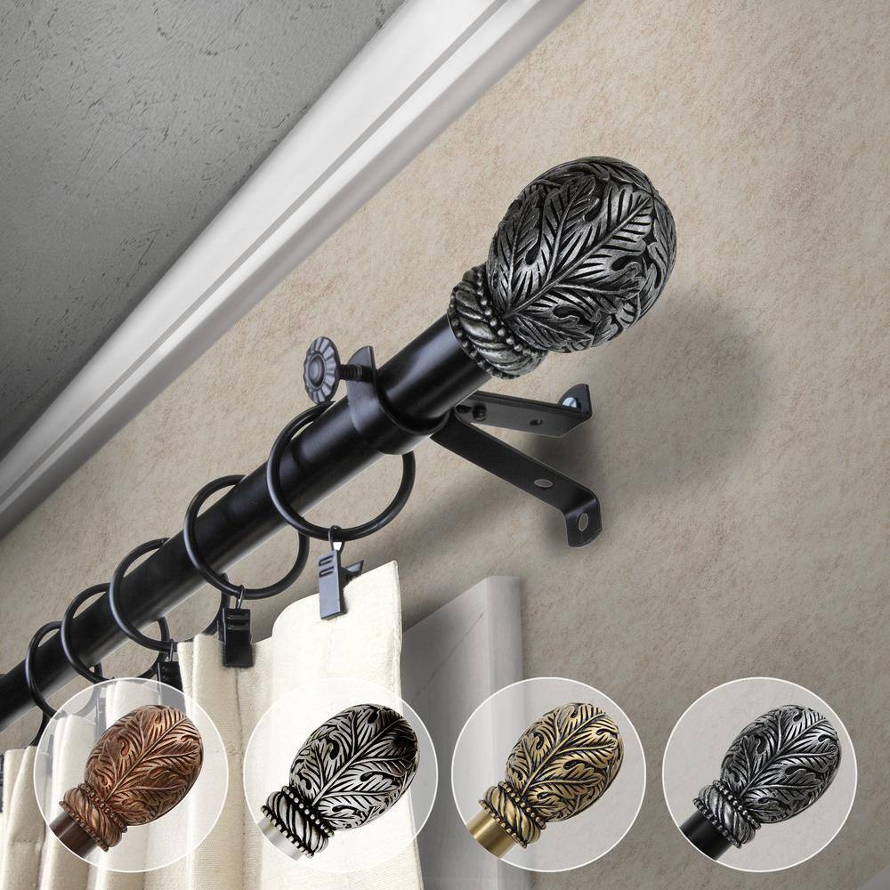 Forest Black Steel Adjustable Single Curtain Rod with Leaf Finials