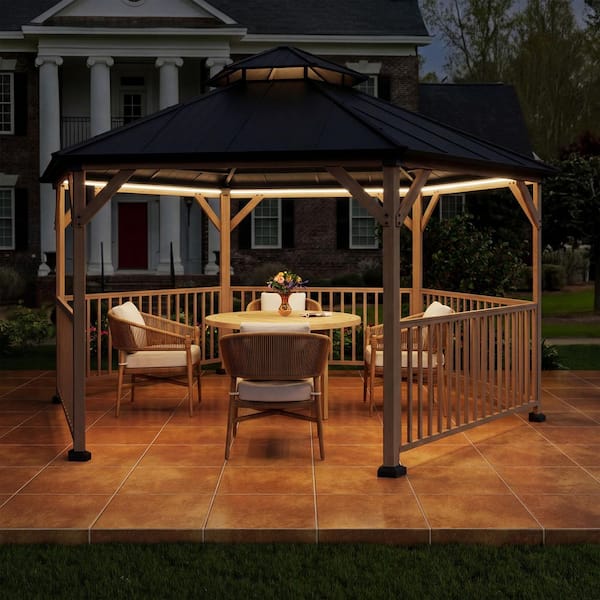 15 ft. x 15 ft. Hexagon Outdoor Wood Frame Hardtop Gazebo with Galvanized Steel Roof, Solar LED Light and Fence