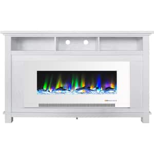 San Jose 58 in. White Fireplace TV Stand and 50 in. White Electric Heater Insert with Driftwood in Multicolor Flames