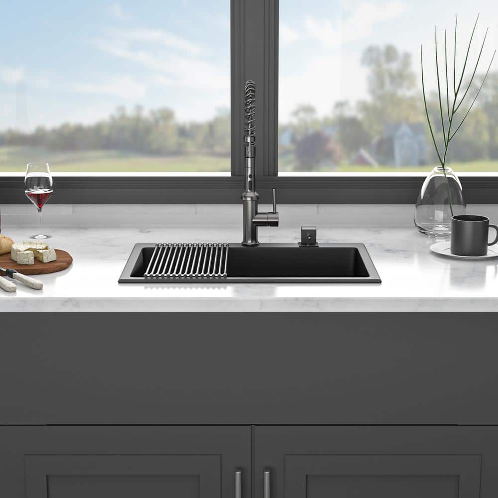 33" Black Quartz Single Bowl Drop-in Kitchen Sink with Accessories