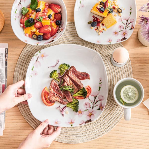 20-Piece White with Pink Floral Pattern Porcelain Dinnerware Set Service for 4 Dinner Set with Bowls Plates Mugs Egg Cup