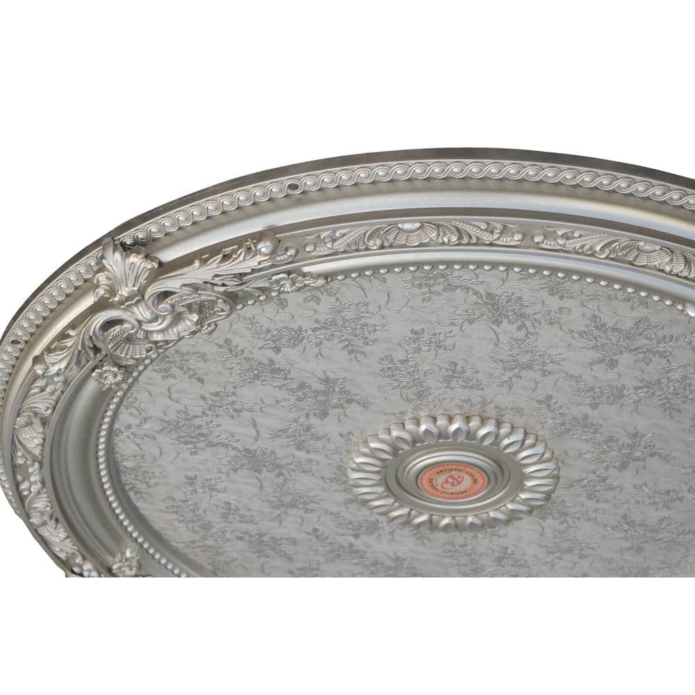 Antique Silver Round Chandelier Ceiling Medallion with Floral Design, 36 Inches