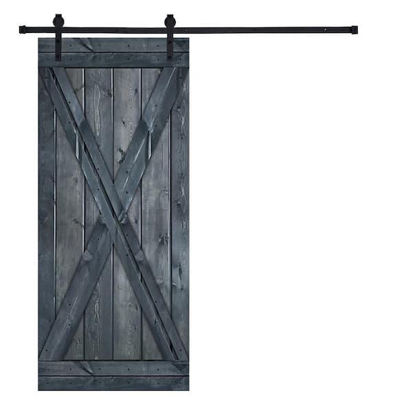 AIOPOP HOME Modern X Style Series 36 in. x 84 in. Icy Gray stained Knotty Pine Wood DIY Sliding Barn Door with Hardware Kit
