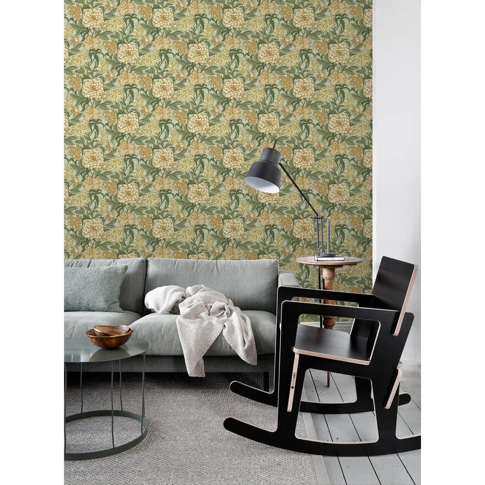 Persephone Golden Yellow and Pale Green Floral Wallpaper