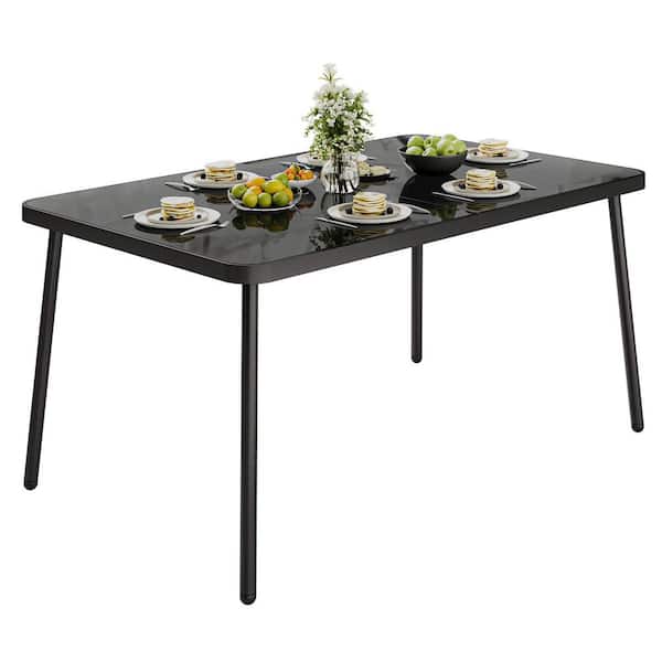 Black Metal Frame Rectangular Outdoor Picnic Dining Table with 59" x 35.4" Tempered Glass Tabletop for 4-6 Person