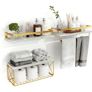 15.7 in. W x 6 in. D x 5 in. H White and Gold Decorative Wall Shelf, Bathroom Shelves with Storage Basket