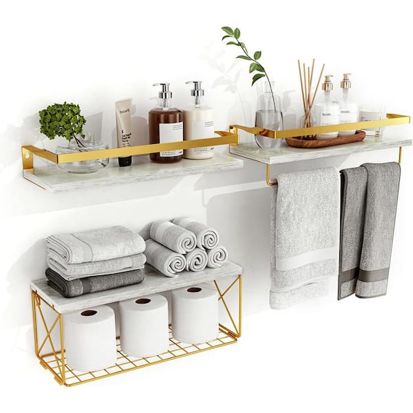 Cubilan 15.7 in. W x 6 in. D x 5 in. H White and Gold Decorative Wall Shelf, Bathroom Shelves with Storage Basket
