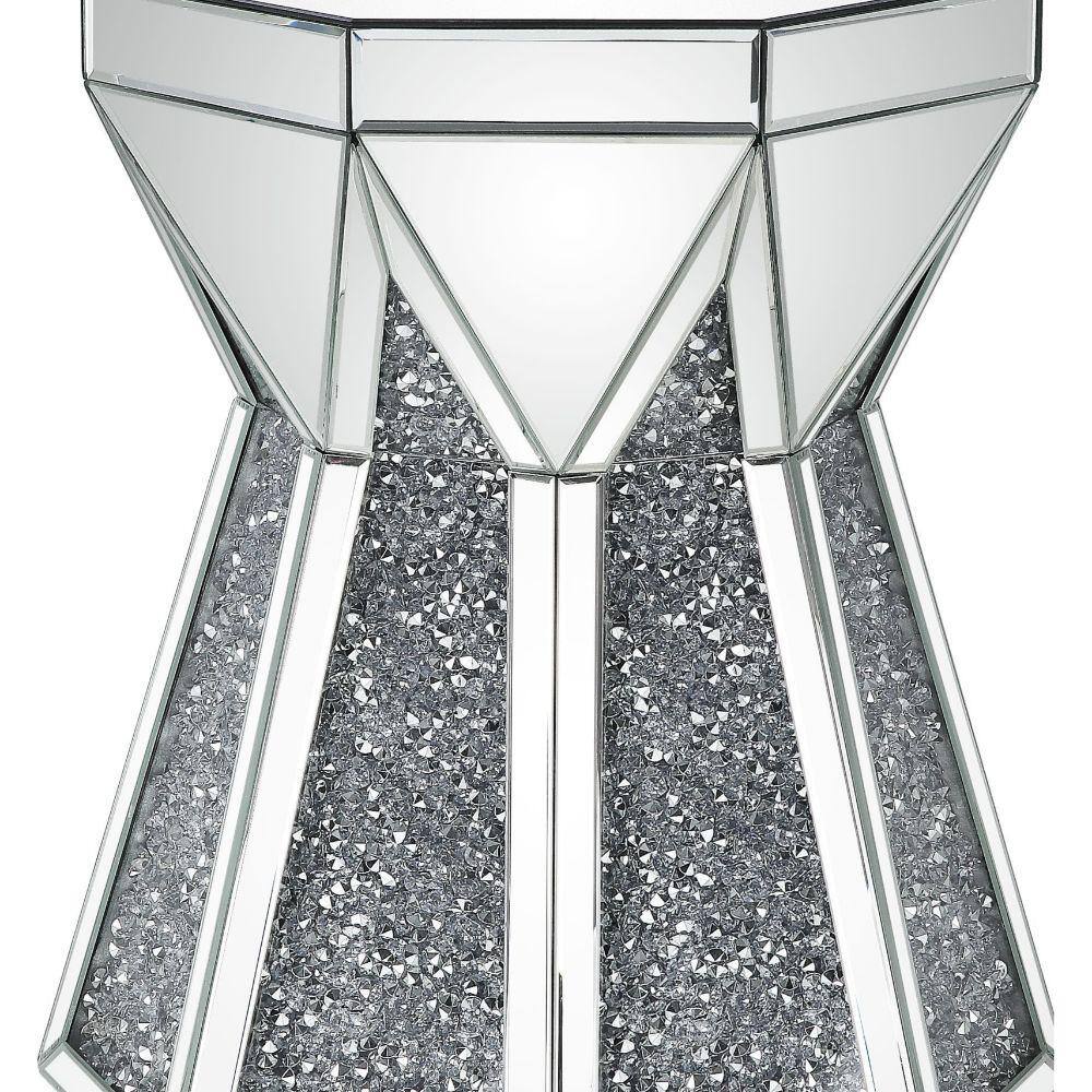 Faceted Round Mirrored Wood End Table with Faux Diamonds - Silver