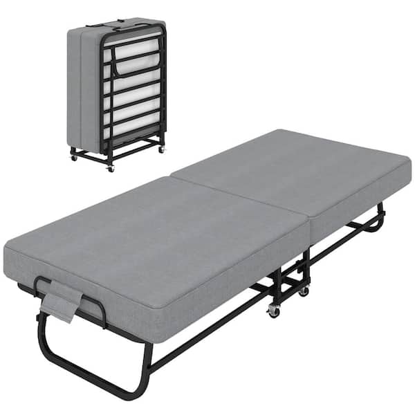 75" x 31" Folding Bed,Guest Bed with Memory Foam Mattress and 4 Lockable Wheels for Guests,Office Naps&Camping in Grey