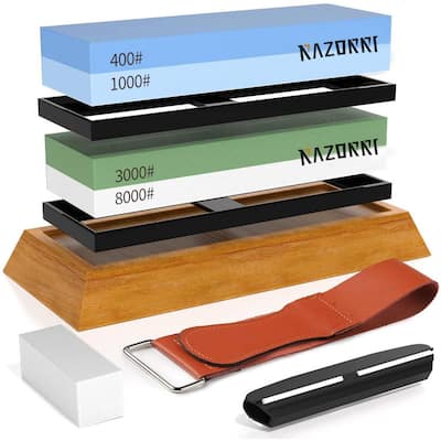 Solido Angle Guide 2-Double-Sided 400/1000 and 3000/8000 Grit Whetstones Knife Sharpening Stone Kit with Leather Strop