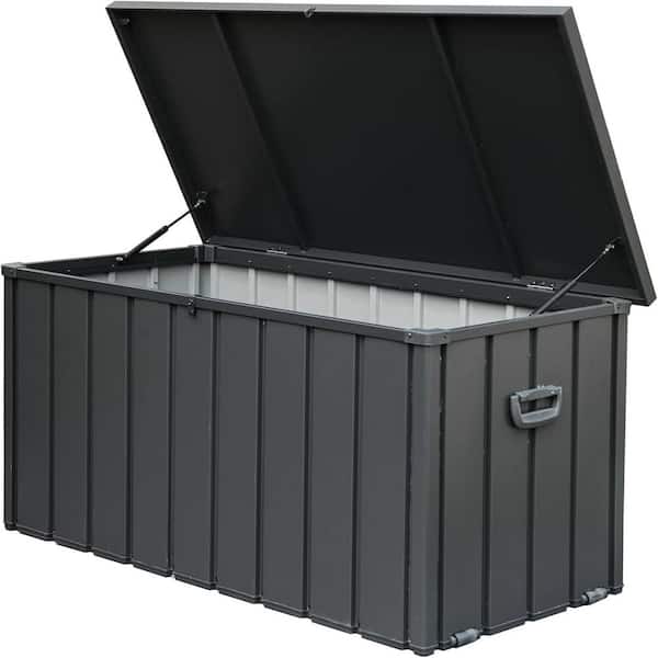 120 Gal. Steel Outdoor Storage Deck Box with Lockable Lid, Handles and Rollers in Dark Gray