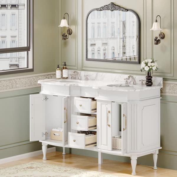 54 in. White Wood Double Sink Freestanding Bathroom Vanity with White Marble Top (Assembled)