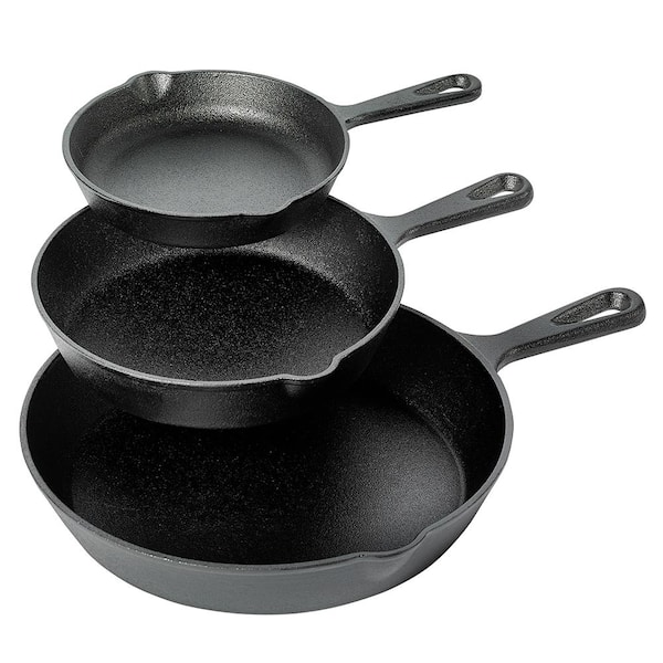 Basic Essentials 3-Piece Cast Iron Frying Pan Set in Black